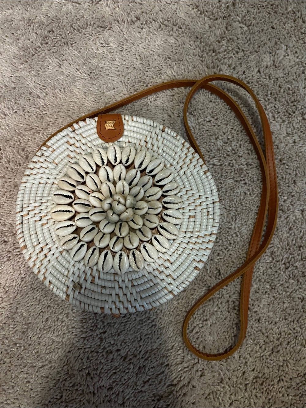 Handwoven White Shell Round Crossbody with Tan Strap
